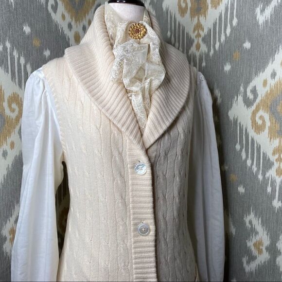 Ralph Lauren Ivory Cashmere Cable Shawl Collar Cardigan Vest - Picture 1 of 16